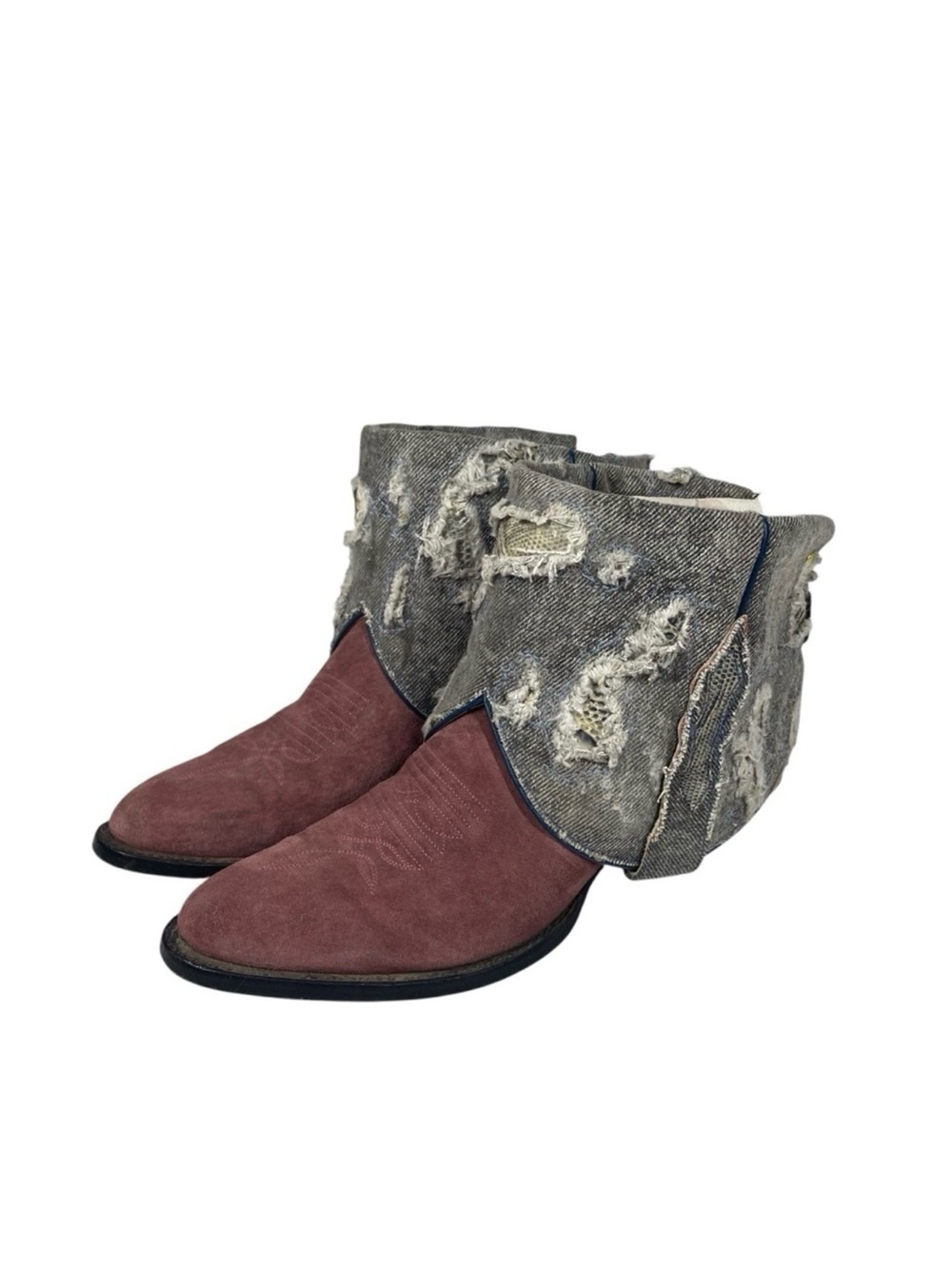 Canty Boots Fold Over Western One of a Kind Pink Suede Distressed Denim Size 7.5